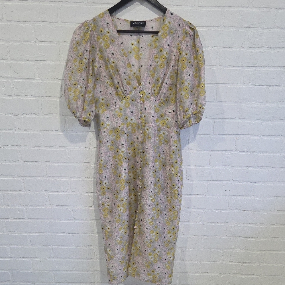 MINKPINK Pale Pink Midi Dress with Yellow Floral Print